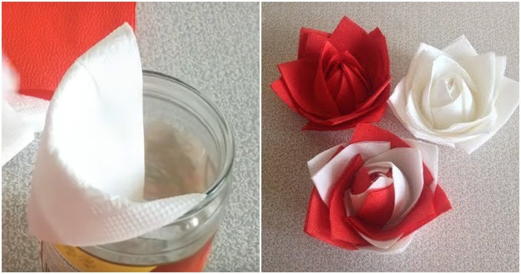 Роза из салфеток за 30 секунд с помощью обычной банки